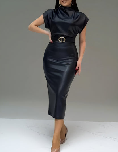 Robe Valentina™ | Cuir Élégant à Encolure Drapée